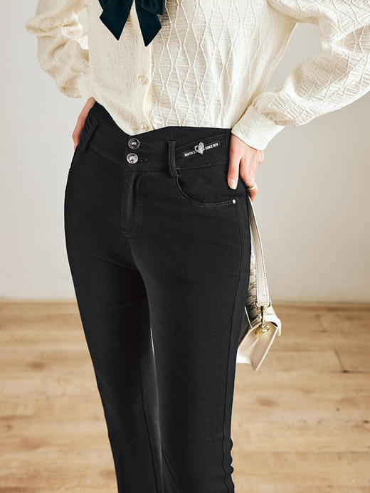 OLrain法式黑色牛仔裤女早秋2022年新款复古高腰显瘦微喇阔腿裤 商品图3