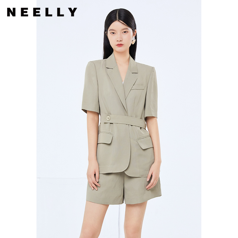 NEELLY纳俪商场同款西装外套女短袖设计感收腰正肩上衣单排扣秋季N22074W04405