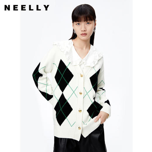 NEELLY纳俪商场同款撞色气质菱格毛衣开衫女单排扣秋季宽松毛衣N22091A01121 商品图0