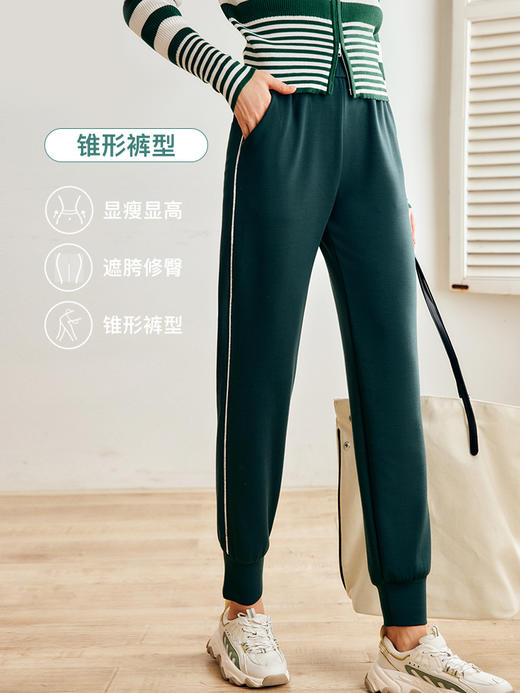 OLrain法式绿色休闲裤女早秋2022新款高腰宽松阔腿束脚空气层卫裤 商品图3