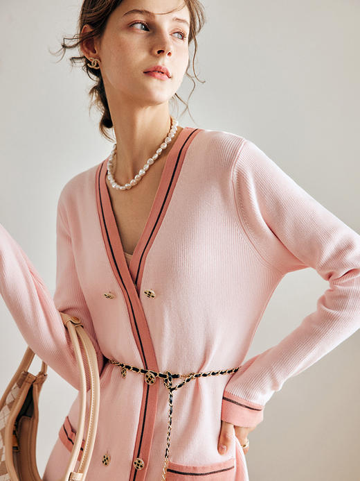 OLrain欧芮儿法式粉色连衣裙女早秋2022年新款显瘦撞色V领直身裙 商品图1