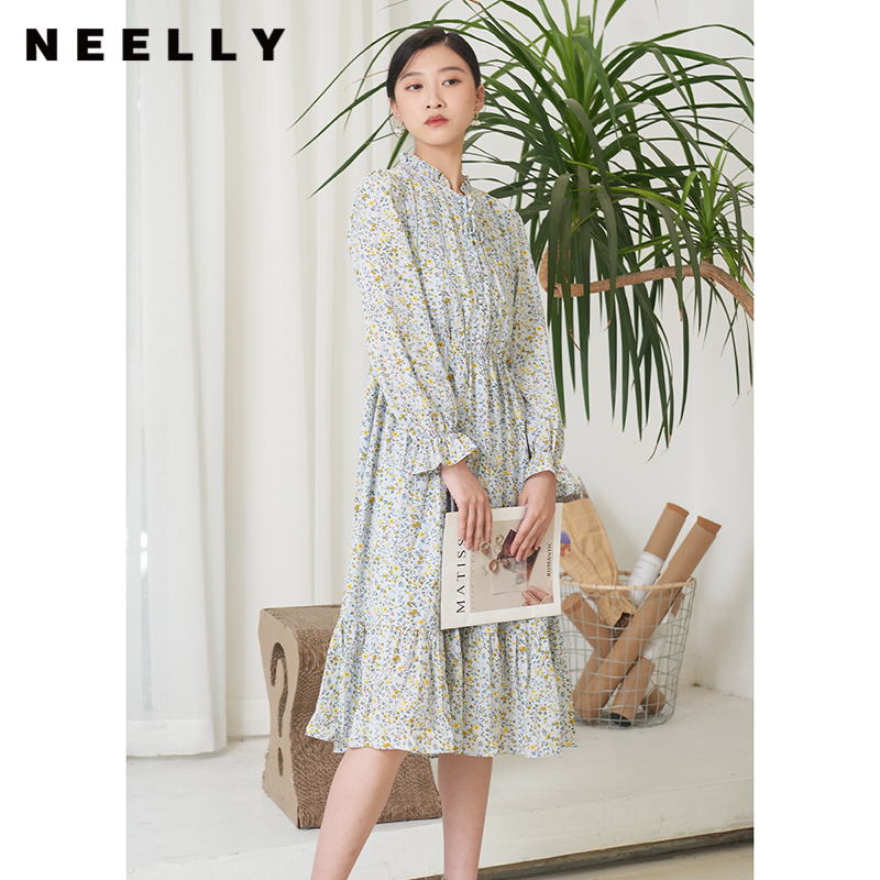 NEELLY纳俪商场同款甜美木耳边碎花连衣裙女收腰A字裙中长裙百搭N22074Y04432