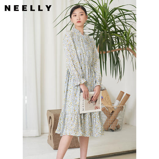 NEELLY纳俪商场同款甜美木耳边碎花连衣裙女收腰A字裙中长裙百搭N22074Y04432 商品图0