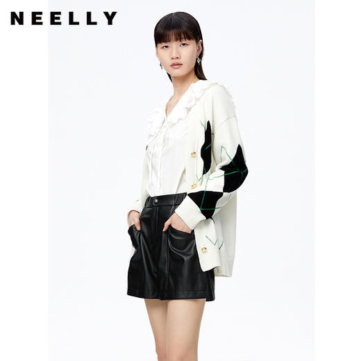 NEELLY纳俪商场同款撞色气质菱格毛衣开衫女单排扣秋季宽松毛衣N22091A01121 商品图2