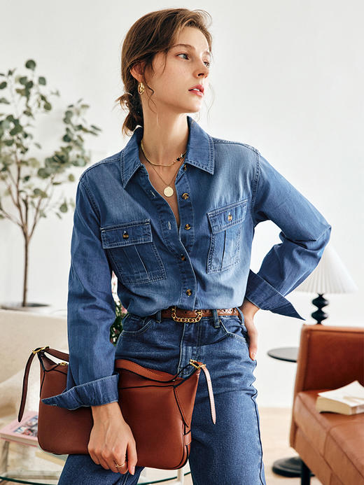 OLrain法式蓝色牛仔衬衫女早秋2022年新款复古宽松气质翻领衬衣 商品图3