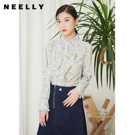 NEELLY纳俪商场同款秋季新款立领碎花衬衫女甜美荷叶边单排扣上衣N22074B04433 商品图0