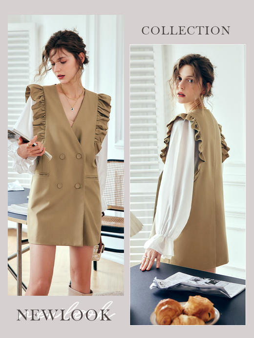 OLrain法式卡其色假两件连衣裙女早秋2022年新款大方优雅气质裙子 商品图1