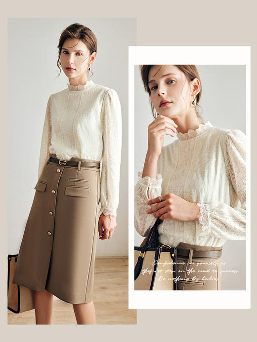 OLrain法式米杏色雪纺蕾丝衫女早秋2022年新款淑女花边小立领上衣 商品图0