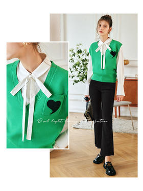 OLrain法式绿色套头毛衣女早秋2022新款宽松显瘦外搭v领马甲上衣