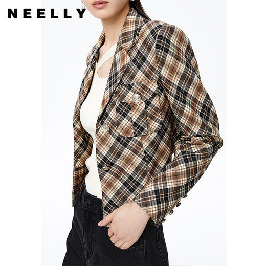 NEELLY纳俪商场同款复古格纹西装外套女秋季新款设计感短款上衣 商品图3