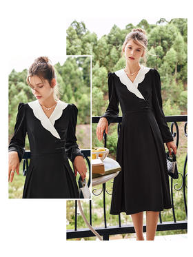 OLrain法式黑色连衣裙女早秋2022年新款显瘦设计感波浪领撞色裙子