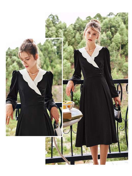 OLrain法式黑色连衣裙女早秋2022年新款显瘦设计感波浪领撞色裙子 商品图0