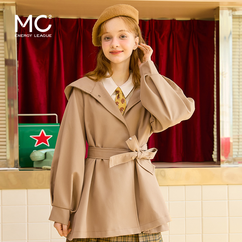 mc2短款风衣外套女2023春季新款小个子连帽灯笼袖潮流百搭卡其色