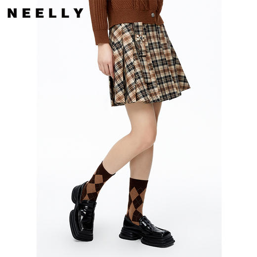NEELLY纳俪商场同款格纹半身裙女高腰百褶裙百搭A字裙气质短裙N22091E01139 商品图1