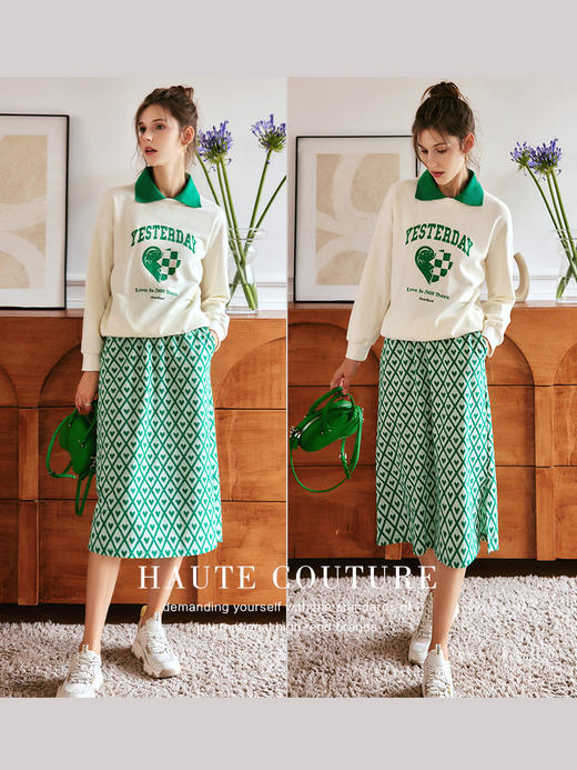 OLrain法式绿色半身裙女早秋2022年新清新休闲梨形身材款直筒裙 商品图2