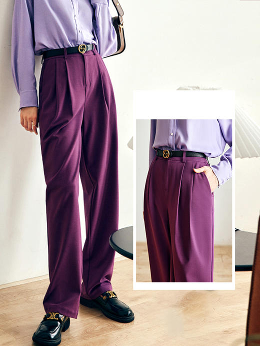 OLrain法式紫色休闲裤女早秋2022年新款复古高级显瘦直筒阔腿裤 商品图3