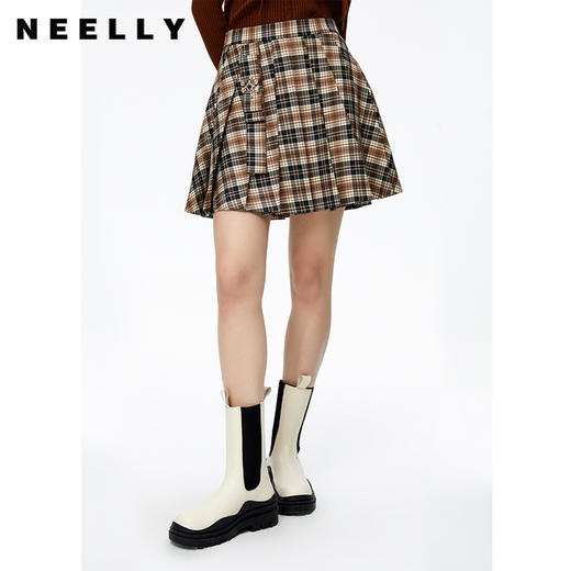 NEELLY纳俪商场同款格纹半身裙女高腰百褶裙百搭A字裙气质短裙N22091E01139 商品图0