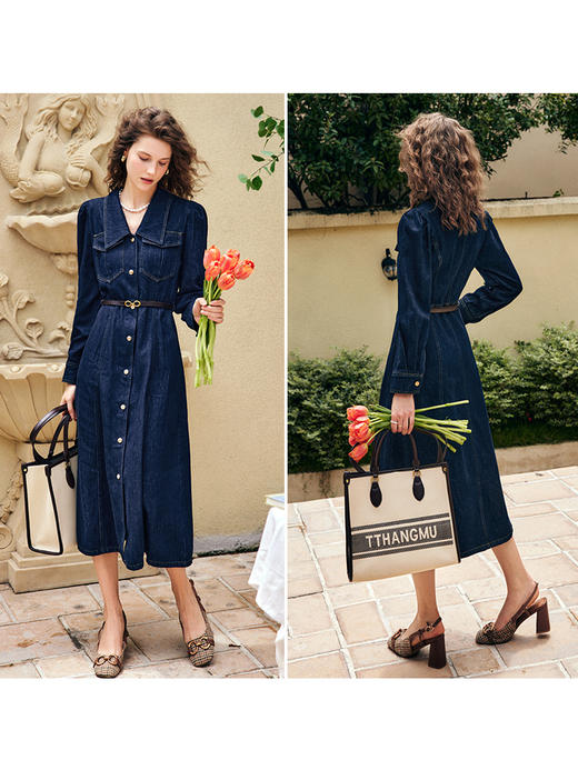 OLrain欧芮儿法式蓝色牛仔连衣裙女早秋2022新款收腰显瘦翻领裙子 商品图3