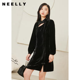NEELLY纳俪商场同款黑色改良旗袍连衣裙女中式盘扣A字裙秋季新款N22074Y04436