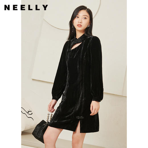 NEELLY纳俪商场同款黑色改良旗袍连衣裙女中式盘扣A字裙秋季新款N22074Y04436 商品图0