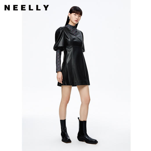 NEELLY纳俪商场同款气质V领泡泡袖连衣裙女收腰显瘦pu皮A字裙百搭N22091Y01145 商品图1