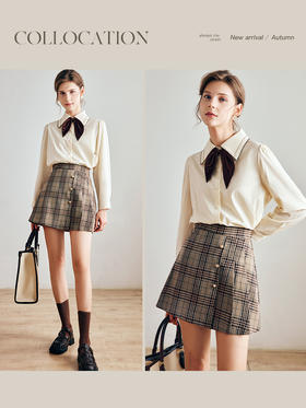 OLrain法式奶油杏色长袖衬衫女早秋2022年新款复古蝴蝶结翻领上衣