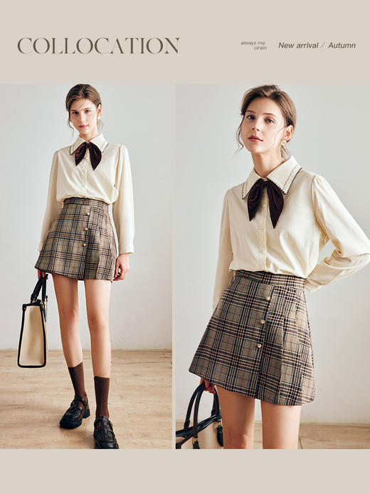 OLrain法式奶油杏色长袖衬衫女早秋2022年新款复古蝴蝶结翻领上衣 商品图0