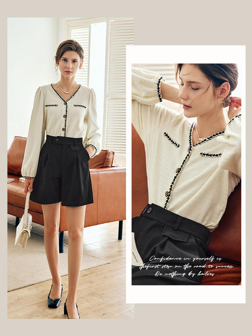 OLrain法式杏色小香风雪纺衫女早秋2022新款宽松气质优雅v领小衫 商品图0