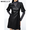 NEELLY纳俪商场同款气质V领泡泡袖连衣裙女收腰显瘦pu皮A字裙百搭N22091Y01145 商品缩略图3