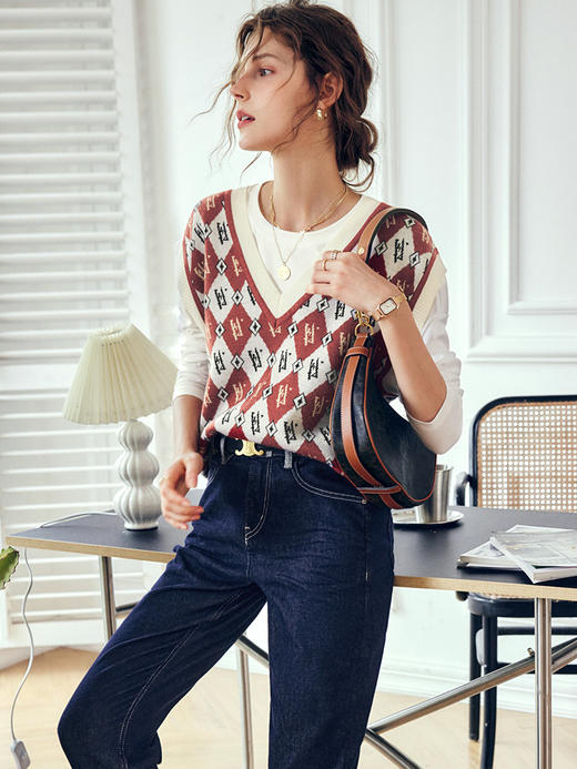 OLrain法式菱格背心马甲女早秋2022新款宽松薄款撞色提花短款上衣 商品图1