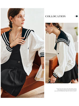 OLrain欧芮儿法式米白色外套女早秋2022新款学院风宽松海军领上衣