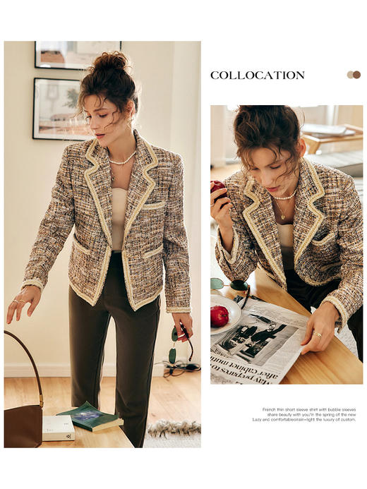 OLrain欧芮儿法式浅咖色西装外套女早秋2022年新款骑士小香风上衣 商品图0