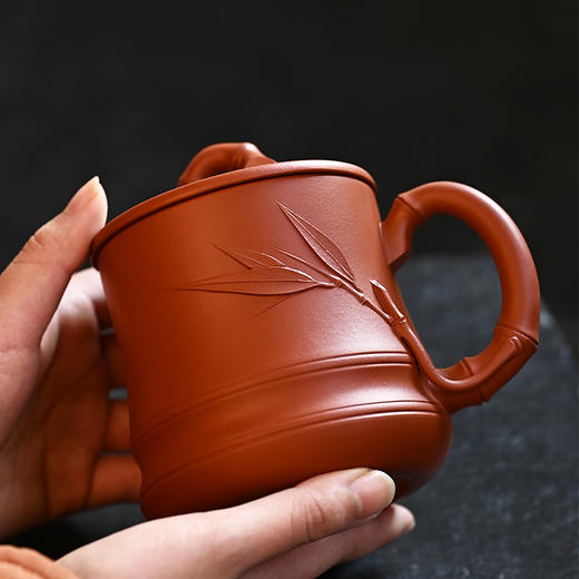 梵匠 『秀竹』名家纯手工 功夫茶泡茶杯男女通用办公大容量盖杯 宜兴原矿朱泥紫砂杯 380cc 商品图3