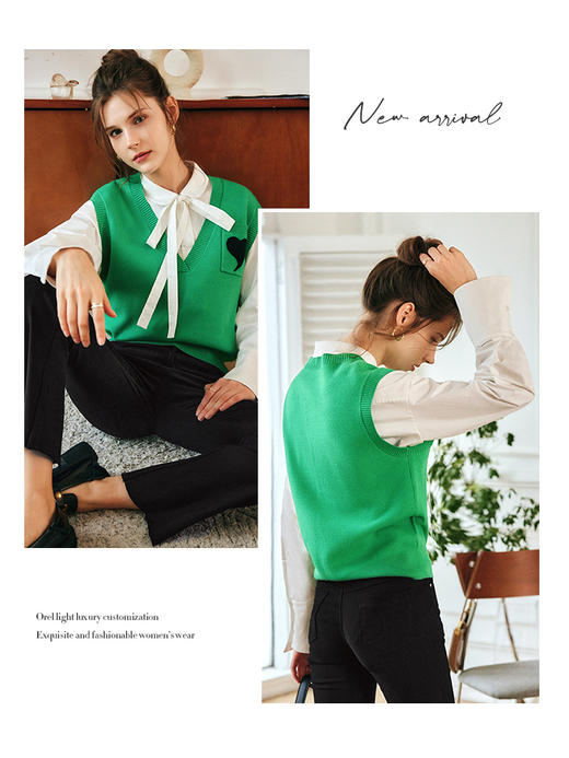 OLrain法式绿色套头毛衣女早秋2022新款宽松显瘦外搭v领马甲上衣 商品图3
