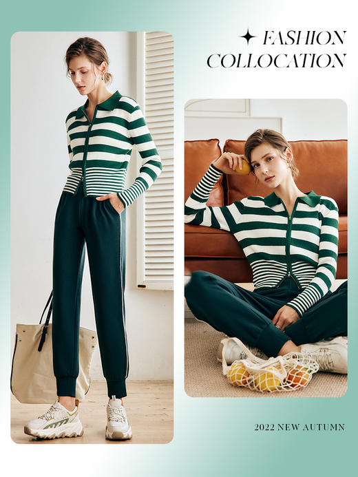 OLrain法式绿色休闲裤女早秋2022新款高腰宽松阔腿束脚空气层卫裤 商品图0