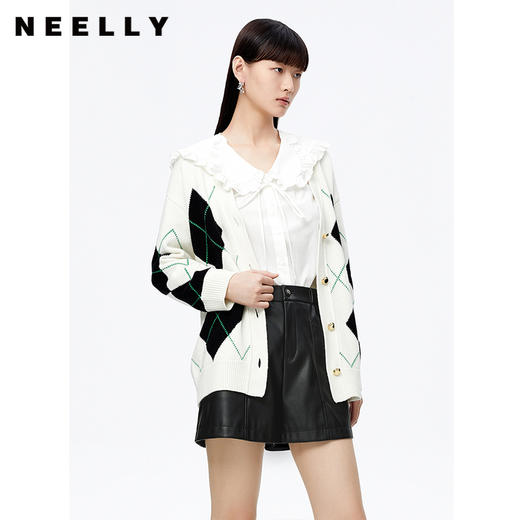 NEELLY纳俪商场同款撞色气质菱格毛衣开衫女单排扣秋季宽松毛衣N22091A01121 商品图1