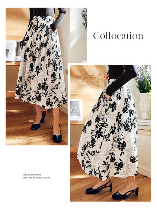 OLrain法式碎花半身裙女早秋2022年新款高级感高腰印花A字伞裙 商品图1