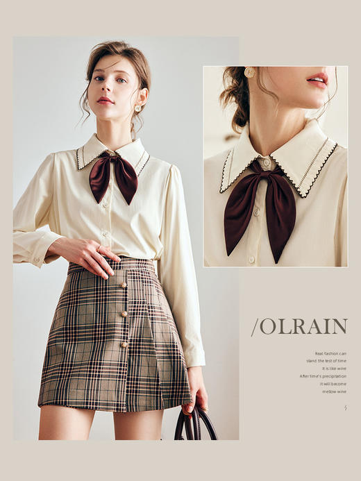 OLrain法式奶油杏色长袖衬衫女早秋2022年新款复古蝴蝶结翻领上衣 商品图3