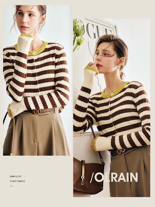 OLrain欧芮儿法式条纹针织开衫女早秋2022新款慵懒风撞色圆领上衣 商品图0