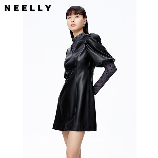 NEELLY纳俪商场同款气质V领泡泡袖连衣裙女收腰显瘦pu皮A字裙百搭N22091Y01145 商品图2