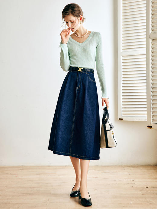 OLrain法式深蓝色牛仔半身裙女早秋2022新款气质高腰显瘦A字裙字 商品图2