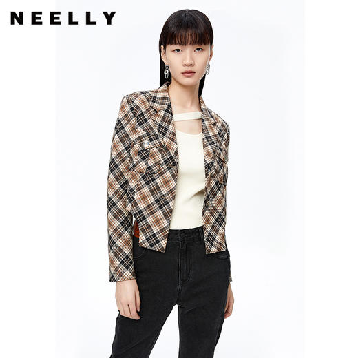 NEELLY纳俪商场同款复古格纹西装外套女秋季新款设计感短款上衣 商品图0