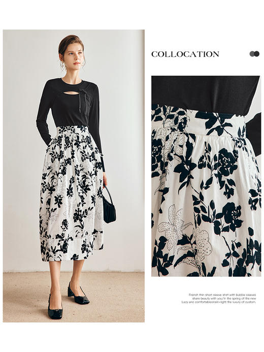 OLrain法式碎花半身裙女早秋2022年新款高级感高腰印花A字伞裙 商品图0