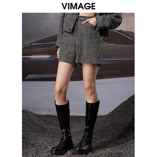 VIMAGE纬漫纪秋季新款粗花呢格子洋气复古直筒显瘦高腰女短裤裤子V1805409 商品图3