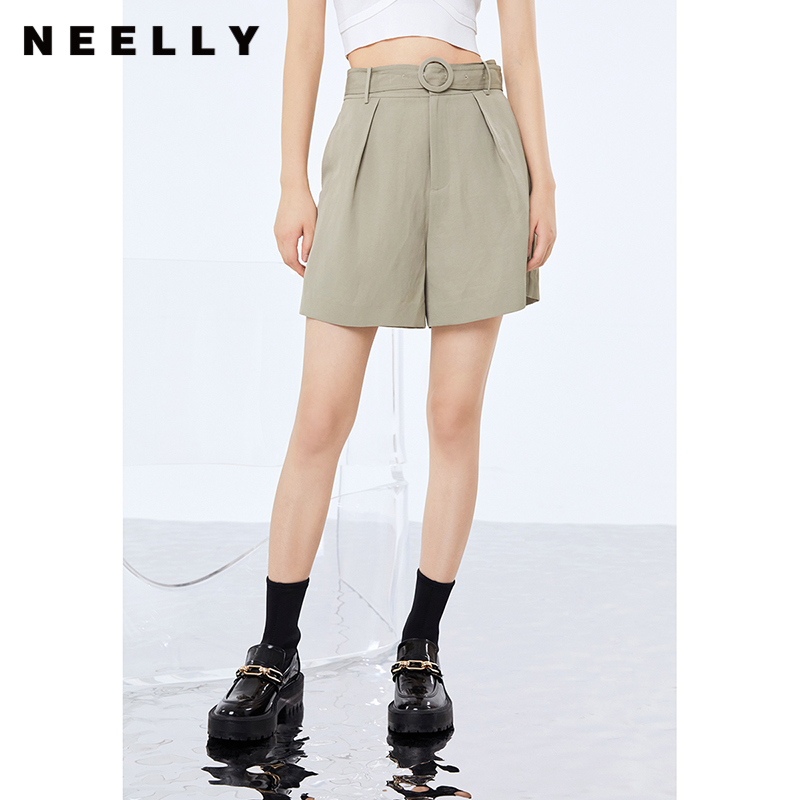 NEELLY纳俪商场同款新款短裤女立体打褶显瘦阔腿直筒裤系带收腰N22074H04406