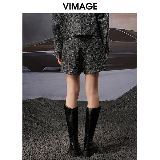 VIMAGE纬漫纪秋季新款粗花呢格子洋气复古直筒显瘦高腰女短裤裤子V1805409 商品图4