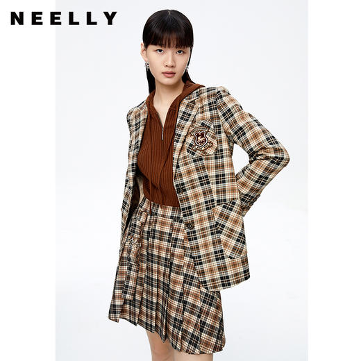 NEELLY纳俪商场同款格纹西装外套女单排扣收腰上衣减龄学院风秋季N22091W01131 商品图1