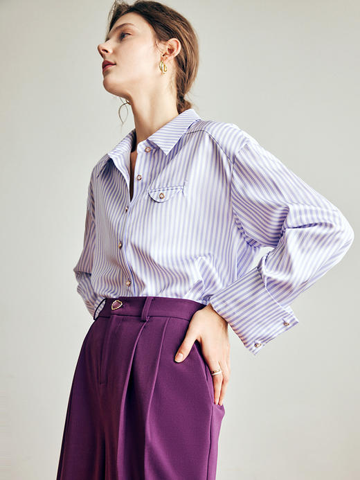 OLrain法式紫色条纹衬衫女早秋2022年新款经典优雅垂感翻领衬衣 商品图1