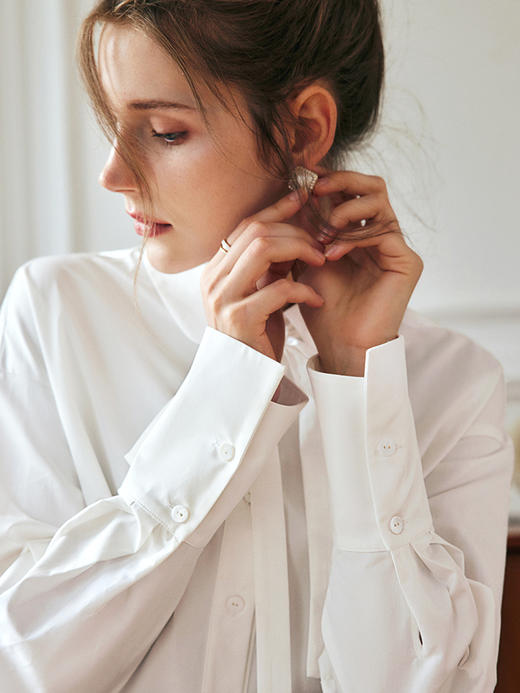 OLrain法式白色长袖衬衫女早秋2022年新款简约百搭设计感绑带衬衣 商品图1