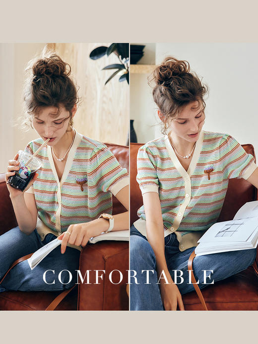 OLrain法式条纹短袖针织衫女夏季2022年新款宽松气质V领冰丝开衫 商品图1